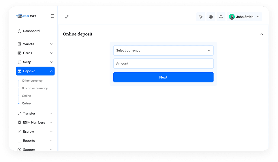 Desktop Dashboard UI demo: deposit