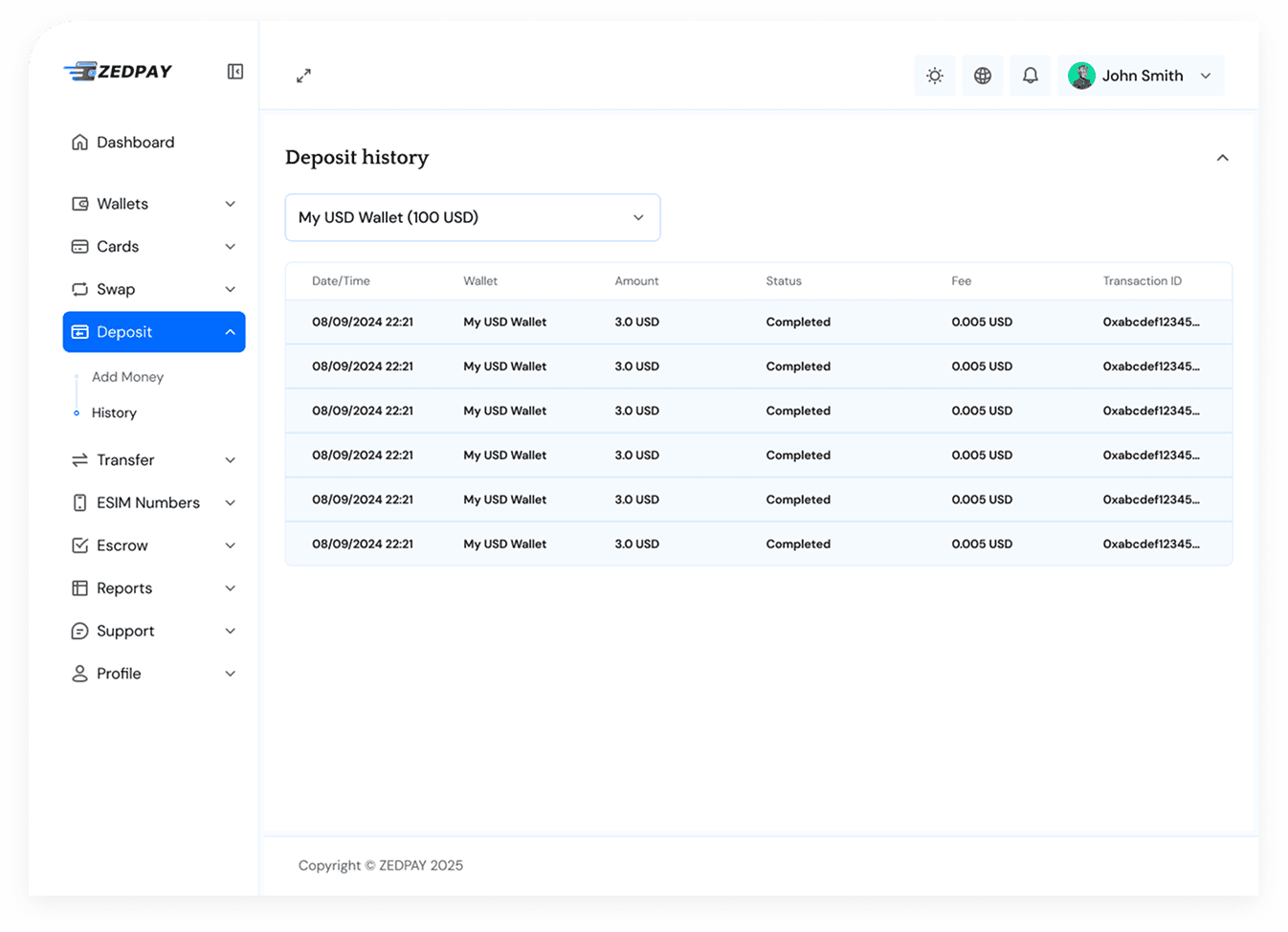 Desktop Dashboard UI demo: deposit