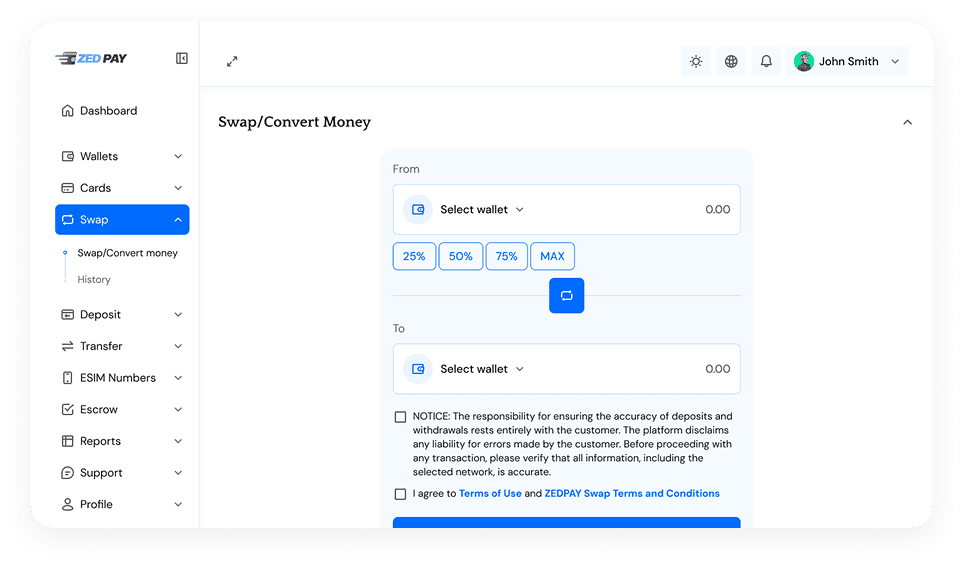 Desktop Dashboard UI demo: swap / convert money