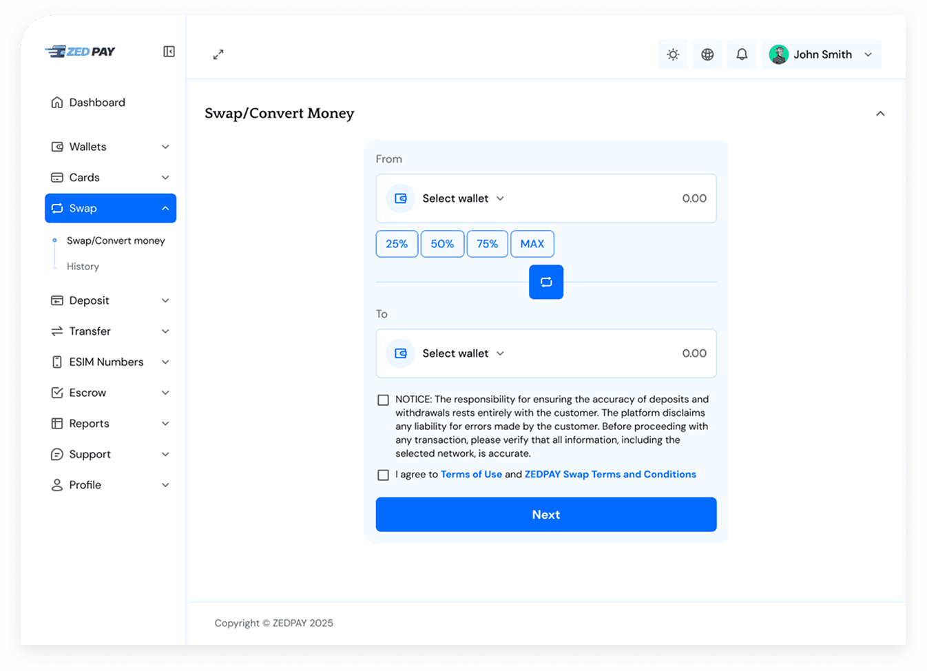 Desktop Dashboard UI demo: swap / convert money