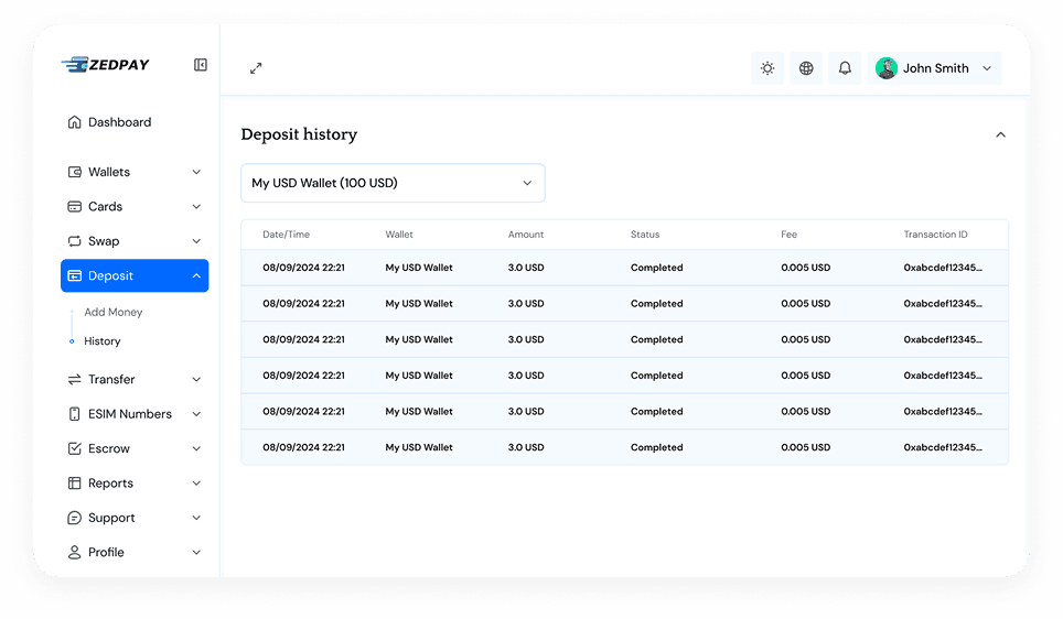 Desktop Dashboard UI demo: Transactions history