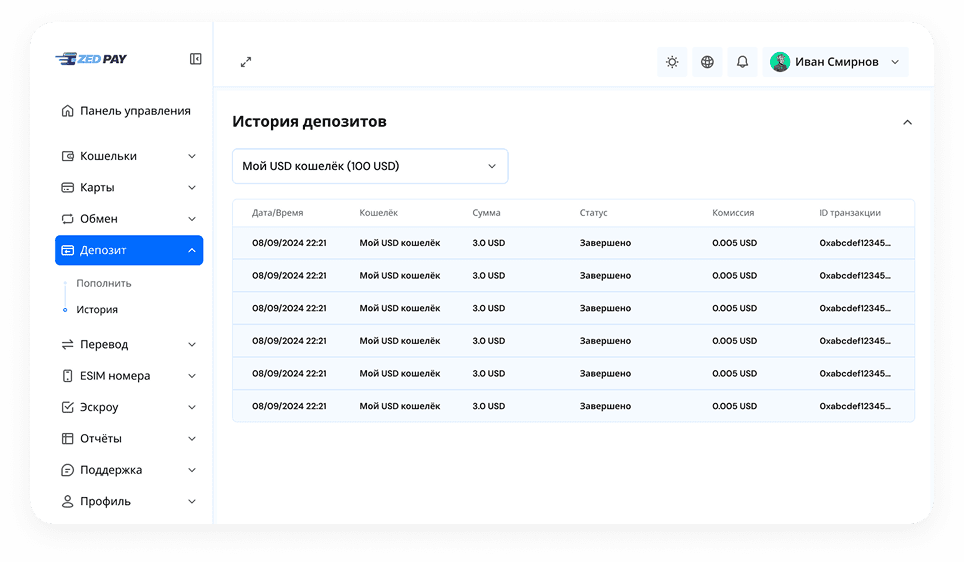 Desktop Dashboard UI demo: Transactions history