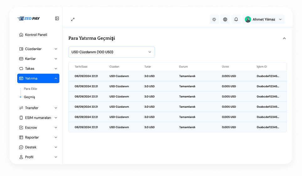 Desktop Dashboard UI demo: Transactions history