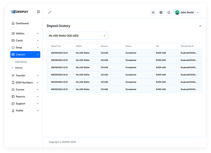 Desktop Dashboard UI demo: Transactions history