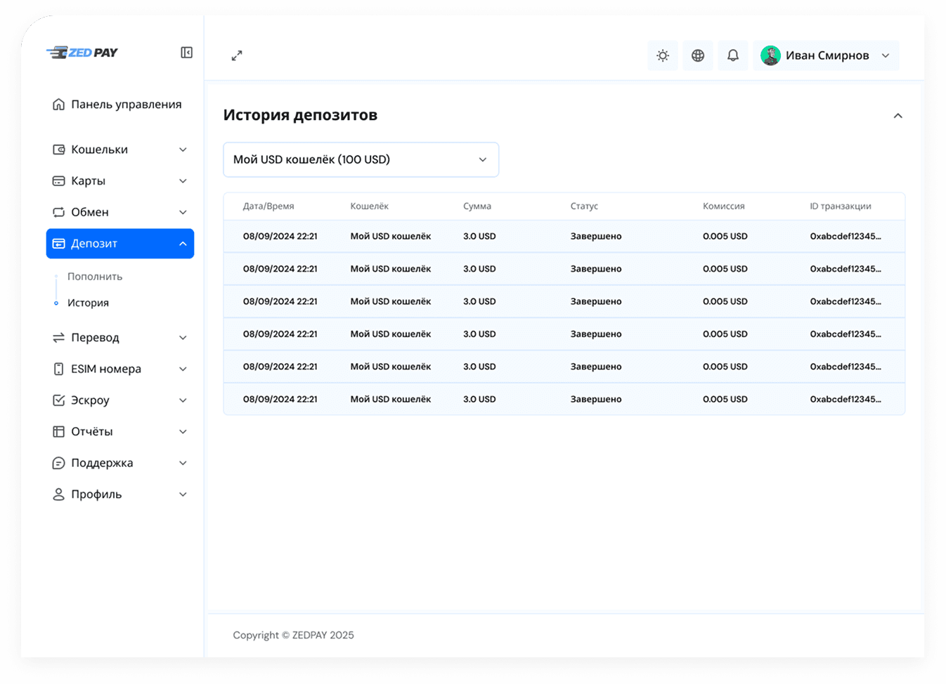 Desktop Dashboard UI demo: Transactions history