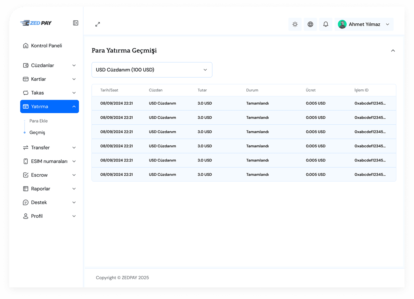 Desktop Dashboard UI demo: Transactions history