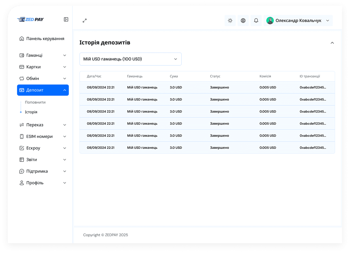 Desktop Dashboard UI demo: Transactions history